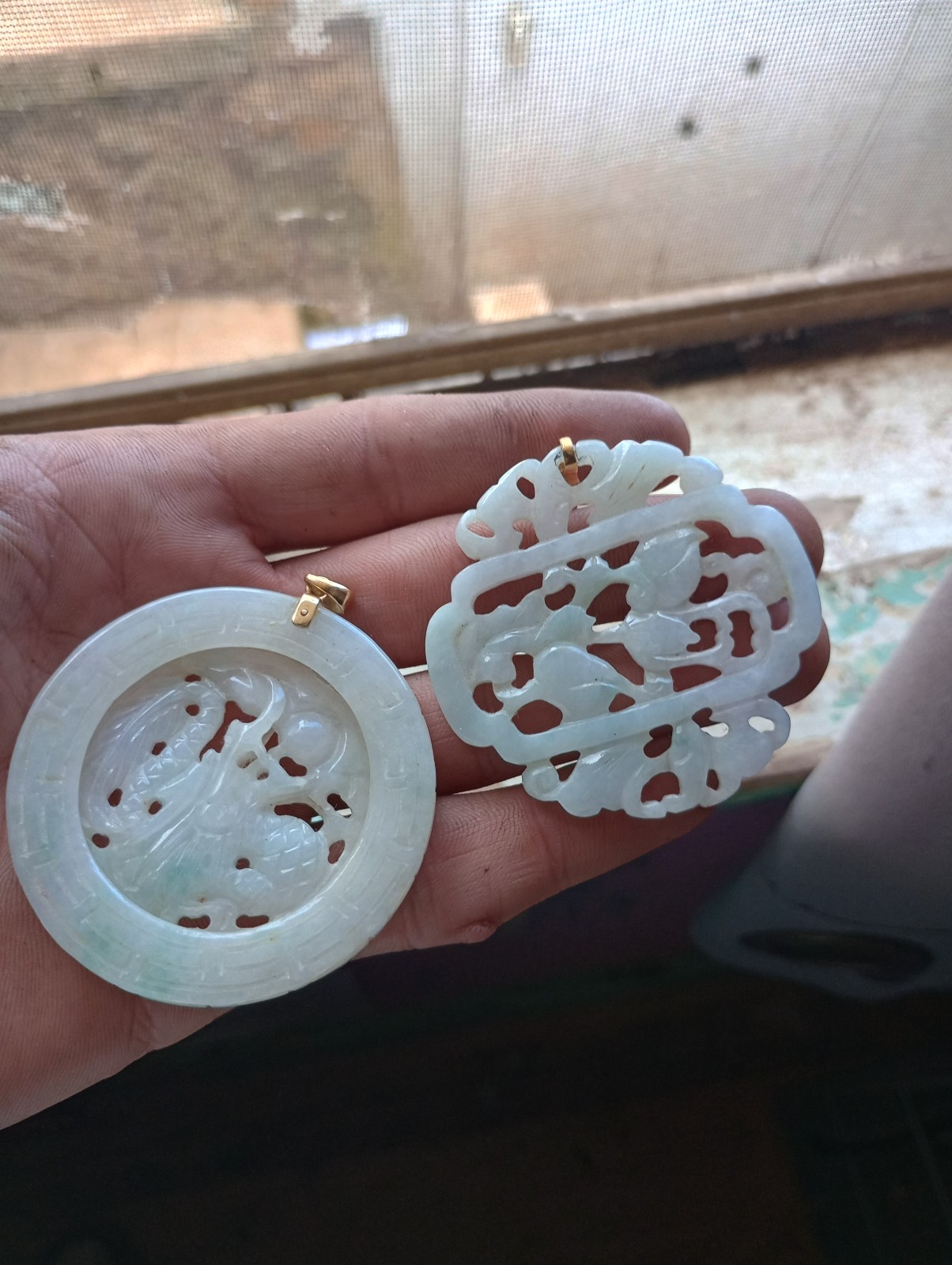 Jade hand carved pendant with 14k gold loop
