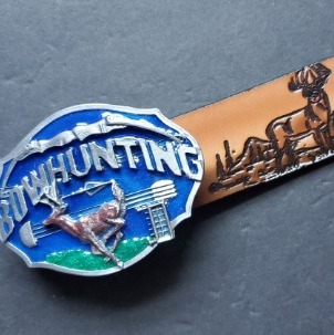 BOW HUNTER Genuine Full Grain LEATHER Belt & Matching Epoxy Bow Hunter Buckle I