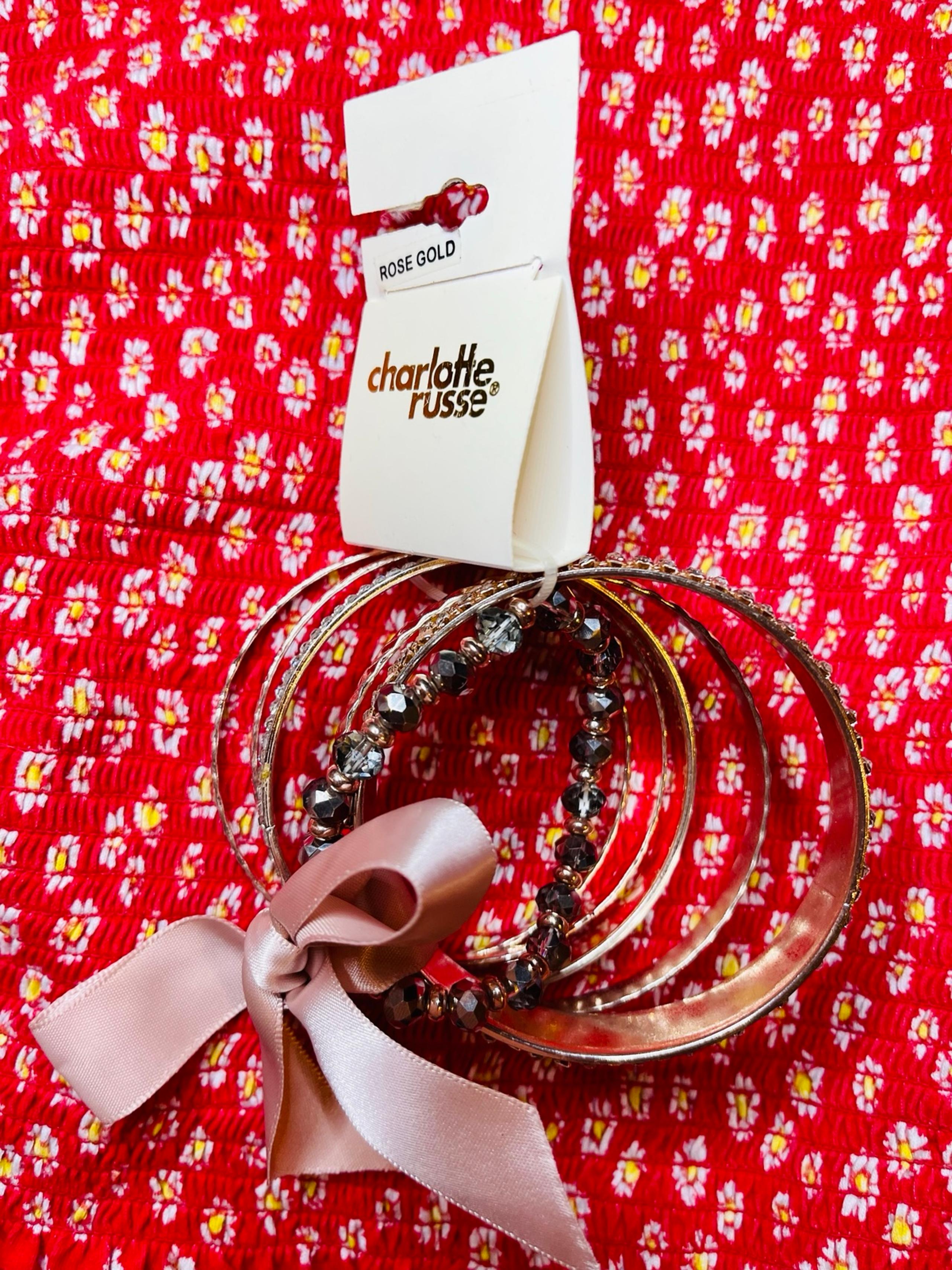 Charlotte Russe Bracelet 6 Pc Set 5 Bangle 1 Stretch Rose Gold Tone Pink Bow Nwt