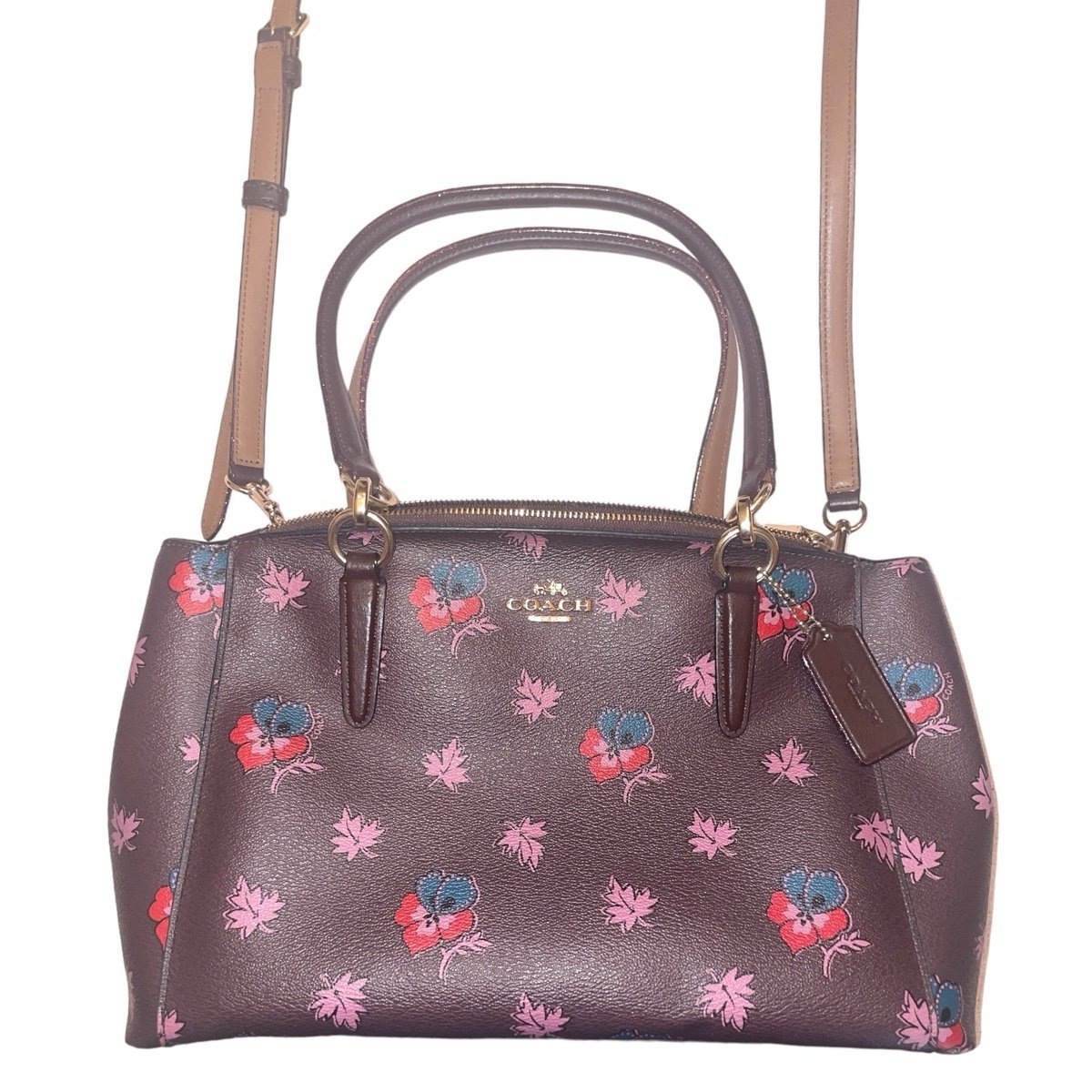 3 Compartment Floral Maroon Leather Coach Shoulder Purse and Matching Wallets