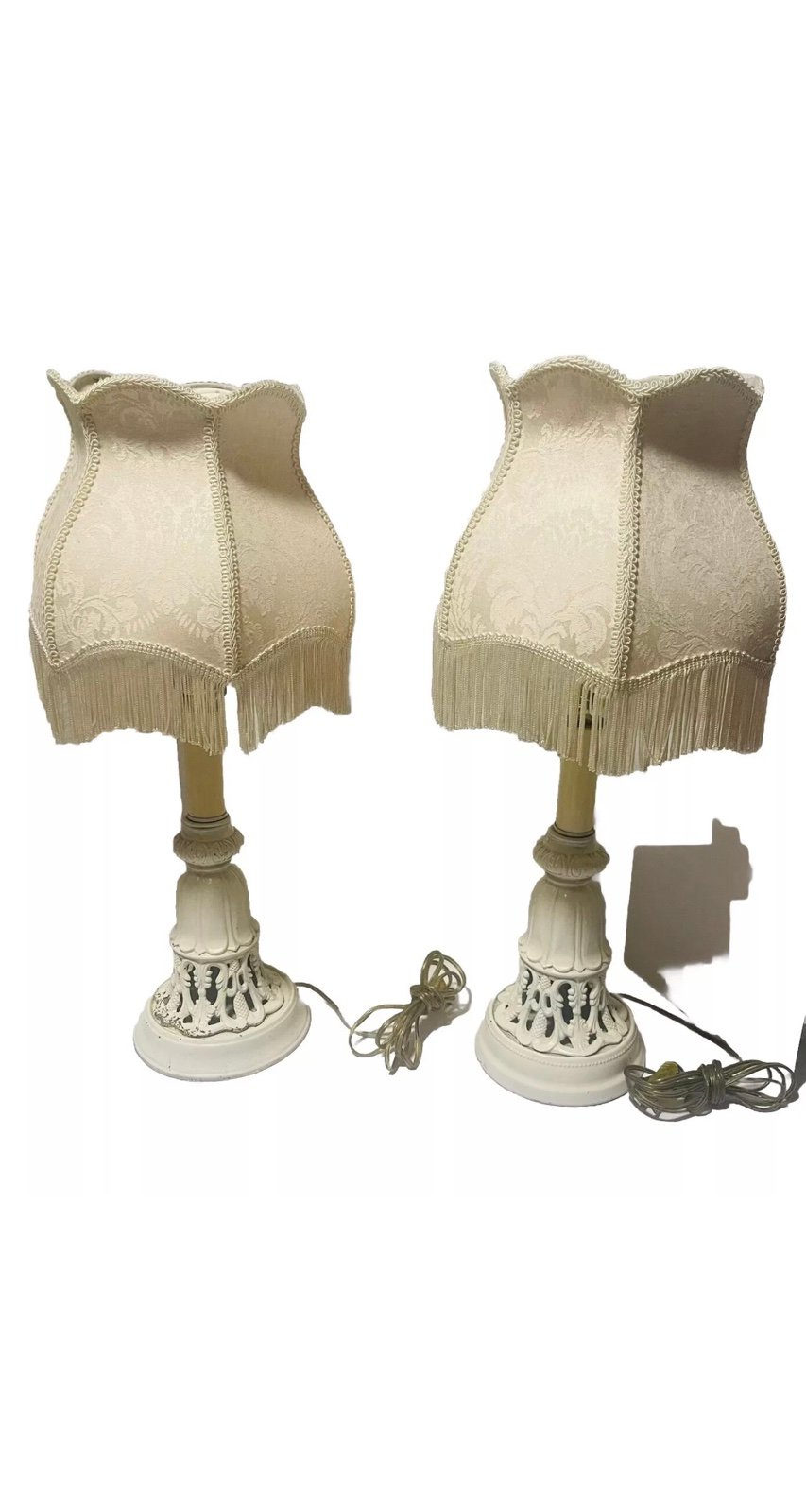 2 Vtg Cream UL Lamps W/Bell Shaped Lamp Shade Ivory w/Brocade Lace &Fringe Trim