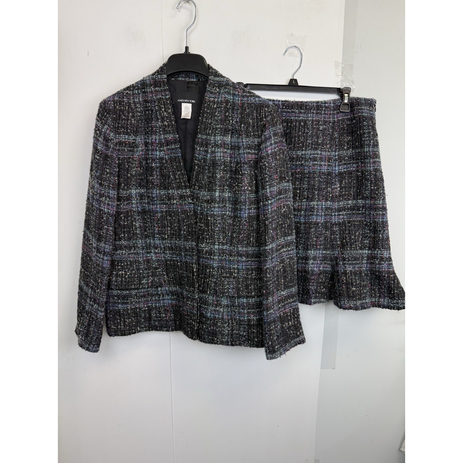 Jones New York 2Pc Boucle Tweed Skirt Suit Lined Womens Size 12 Career Black