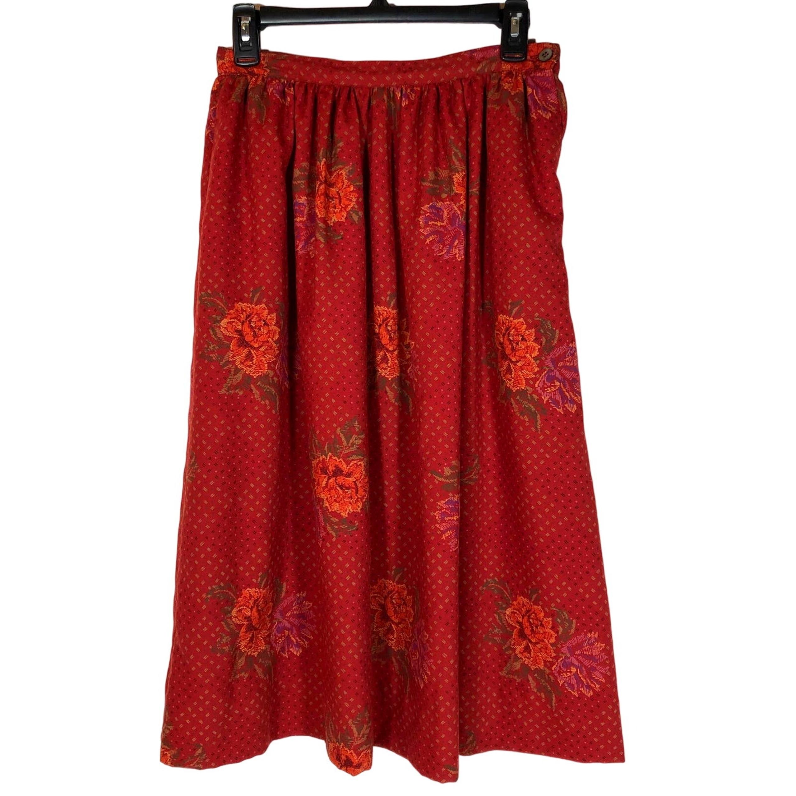 Vintage Evan Picone Red Floral Skirt Pockets 10 Maxi Print Saffron Brick
