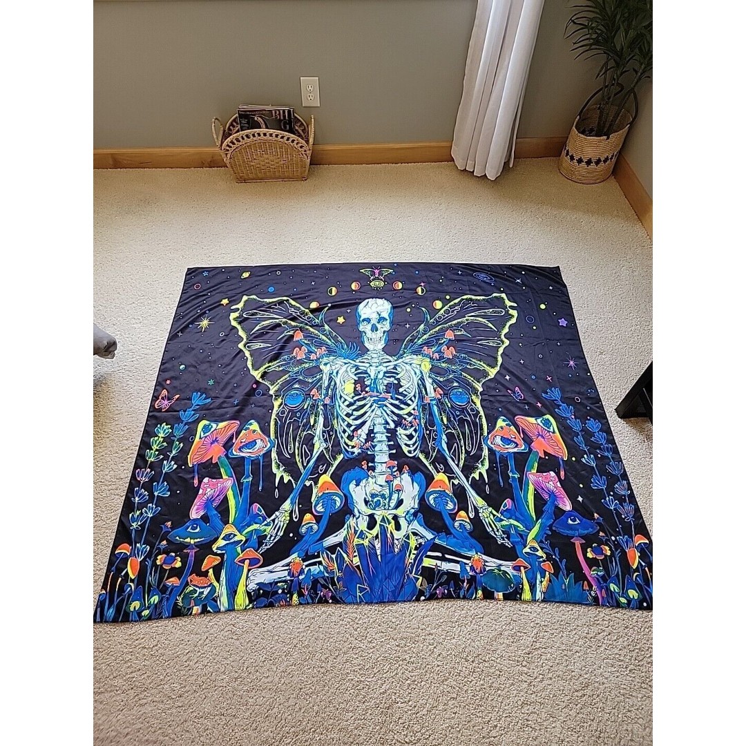 Black Light Skeleton Mushroom Wall Tapestry 59 ×51 Psychedelic
