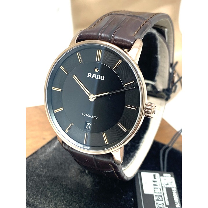 Rado Men's Watch R14068176 Swiss Automatic Black Dial Rose Gold Brown Leather