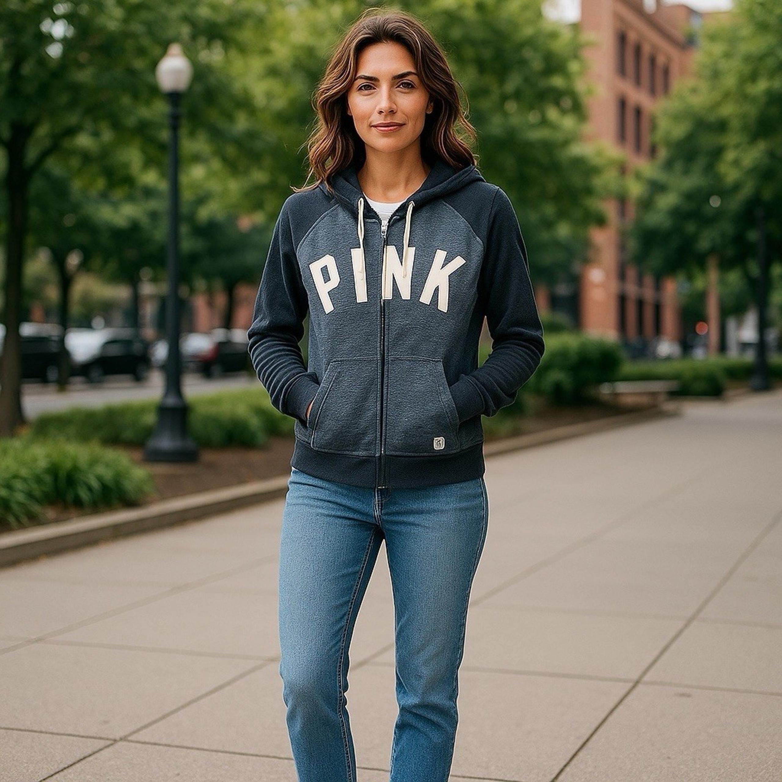 Victoria's Secret VS Pink French Terry Full Zip Marled Gray & Blk Logo Hoodie Lg