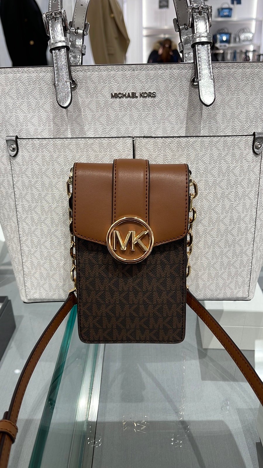 Michael Kors Carmen Small Logo Smartphone Crossbody Bag Brown NWT