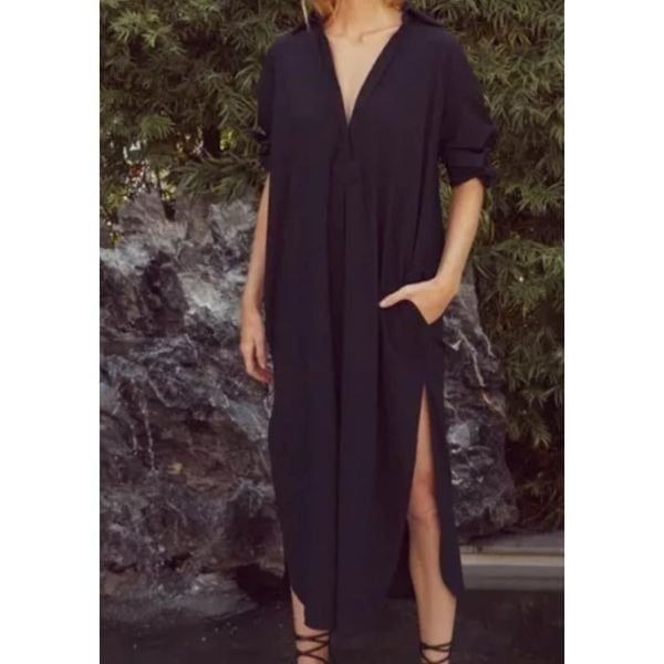 Ona by Yoon Chung Womens Tropez Oversized Shirt Dress II Black Size XS/S V neck