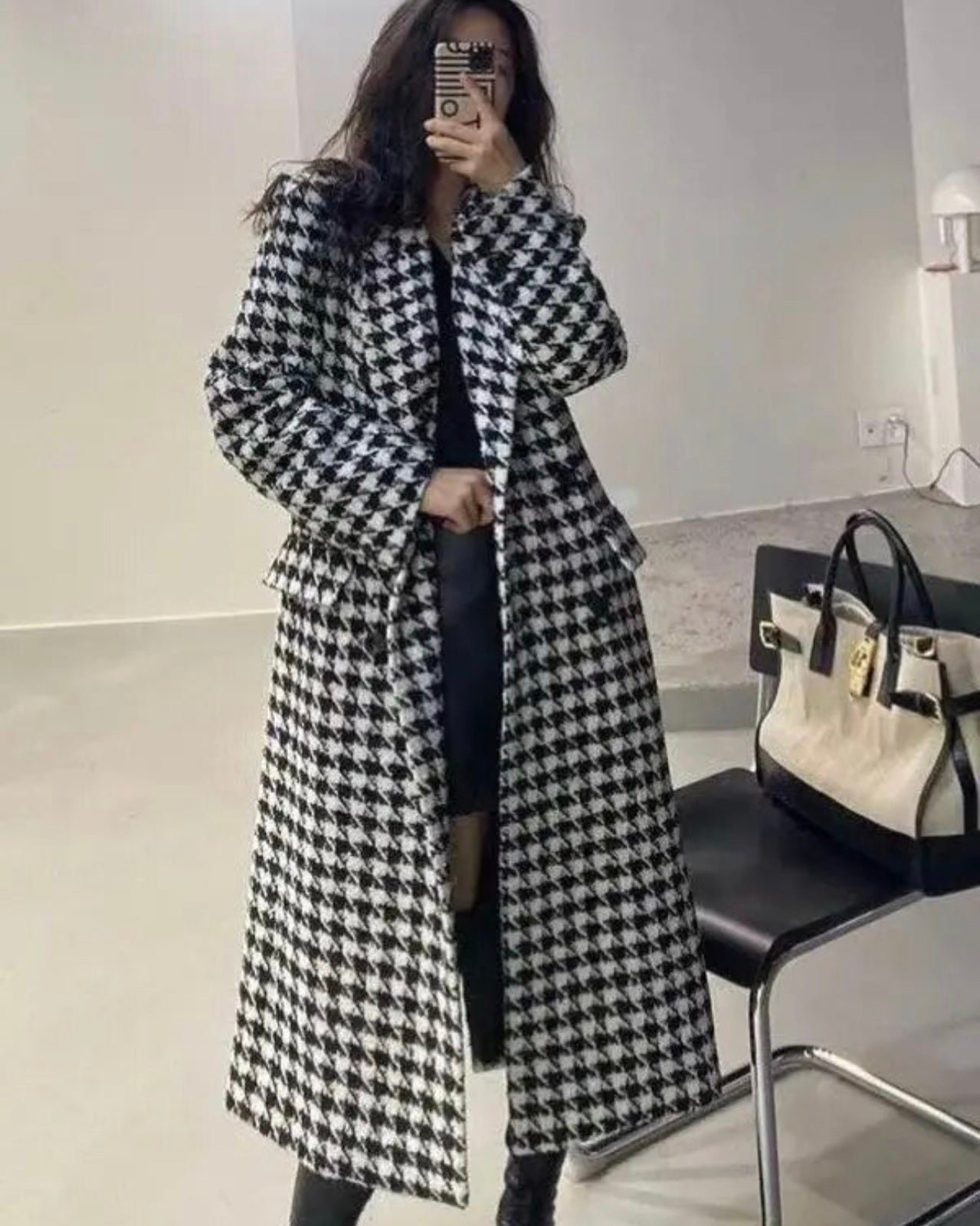 Coat size large women peacoat houndstooth wool lined black white long