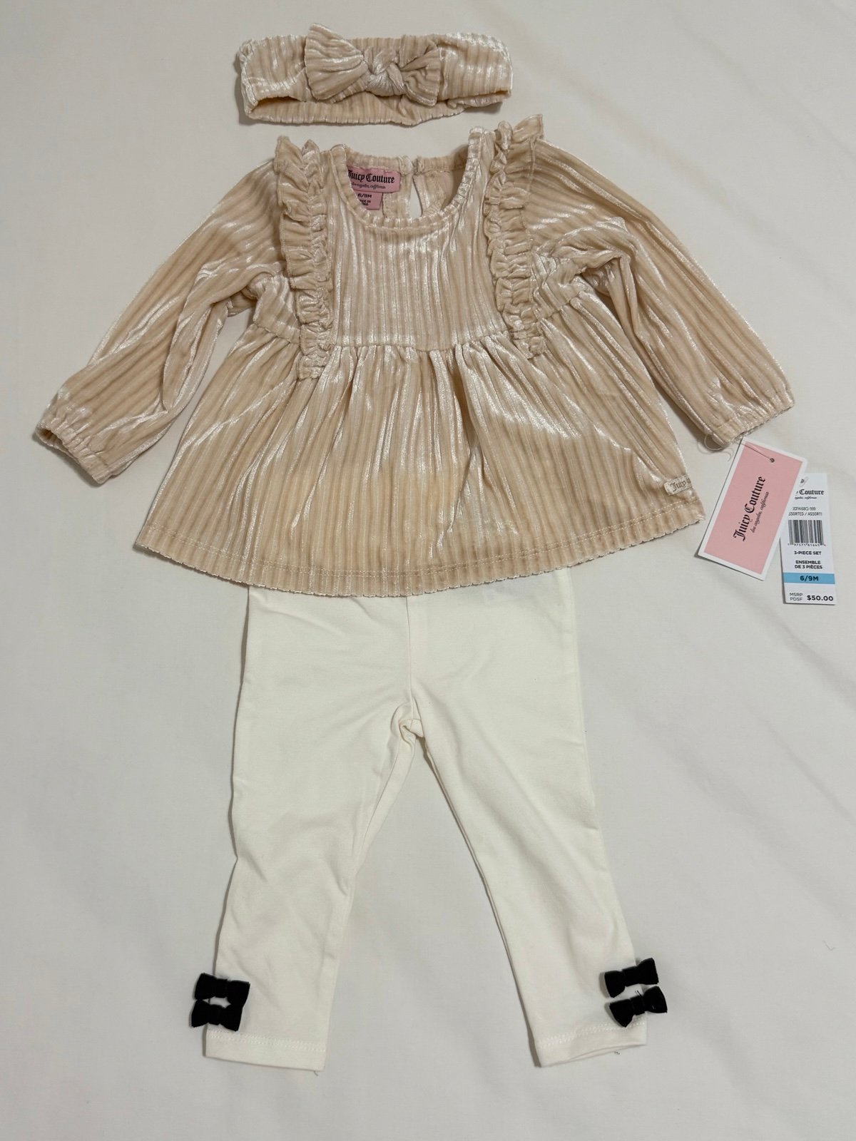NWT Juicy Couture 3 Piece Set Long Sleeve Leggings Bow Baby Set 6-9M Retail 50