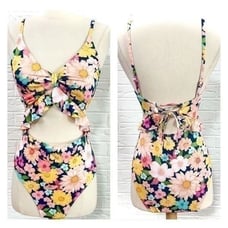 Hurley NWT yellow navy floral cutout waist one piece swimsuit size xl