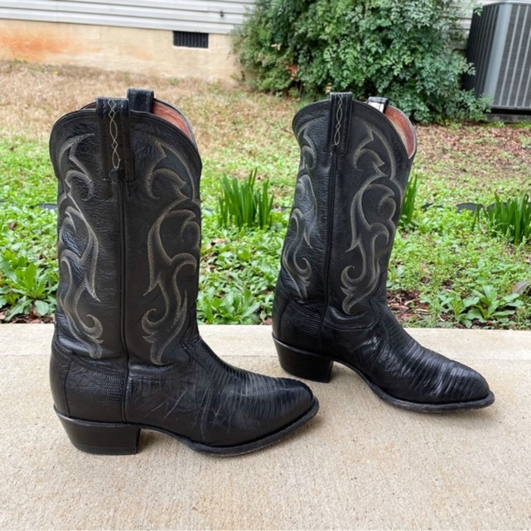 Tony Lama Mens Black Teju Lizard Leather Cowboy Western Boots Sz 8.5 EE