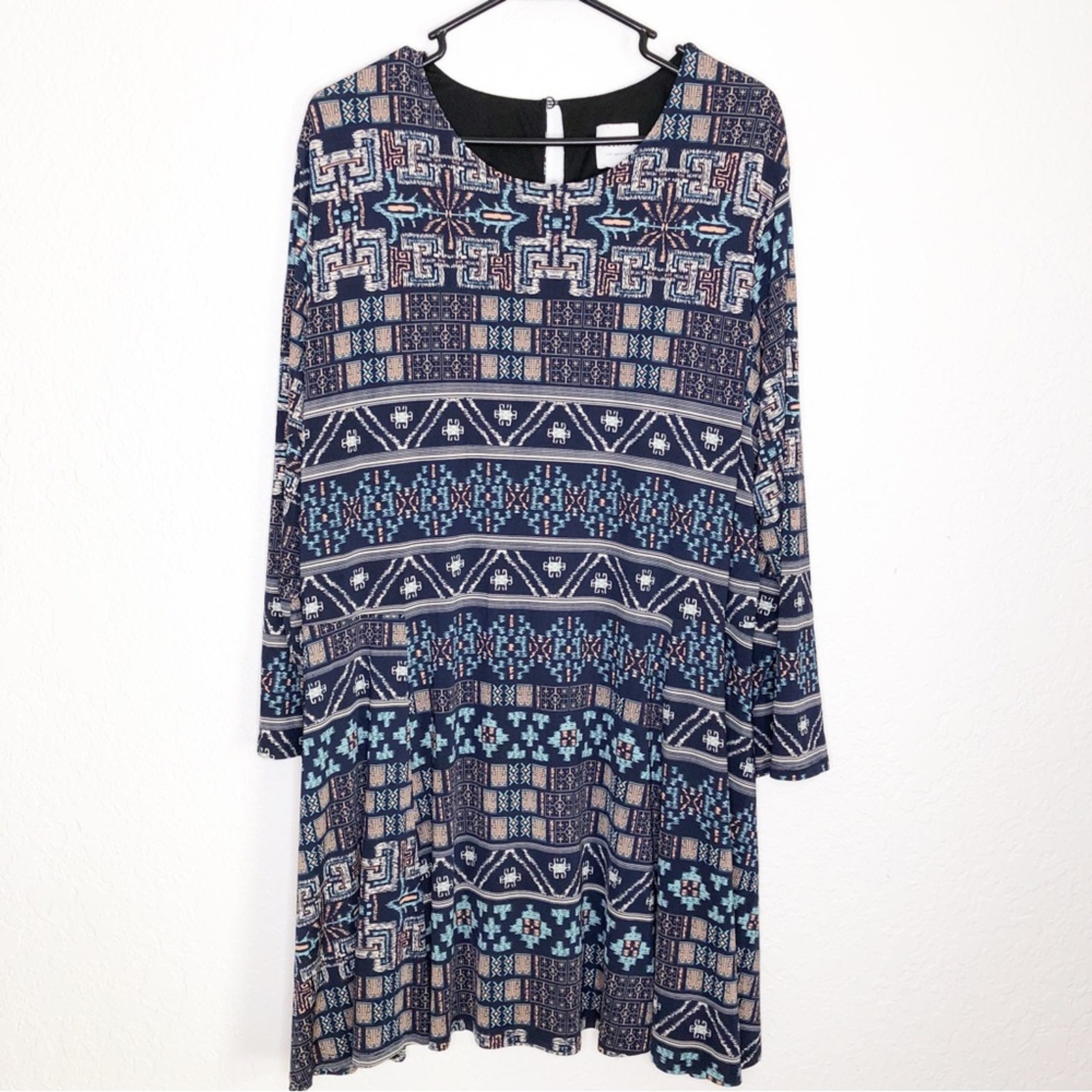 MISA Los Angeles navy blue geometric graphic print shift dress size 1X