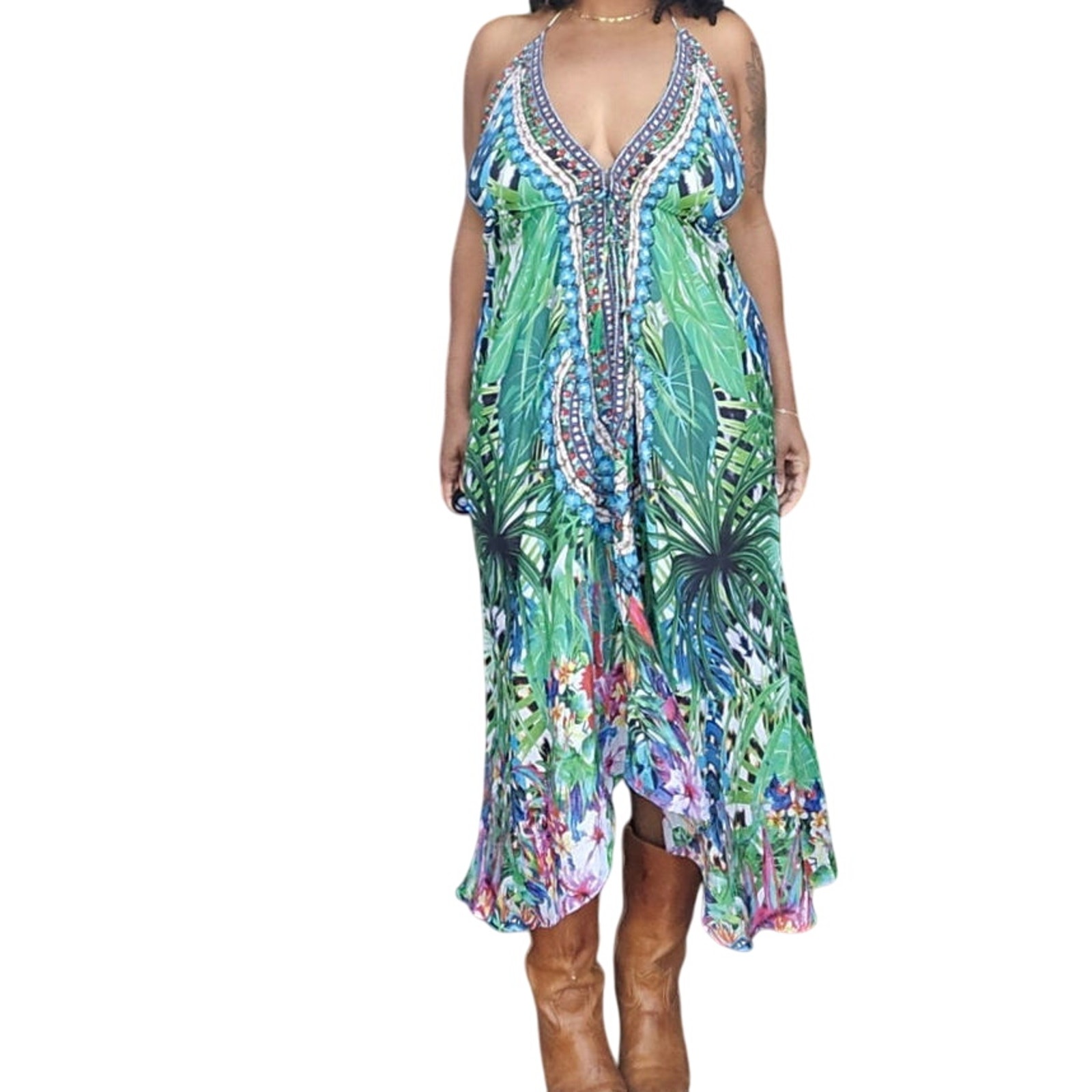 Dia Collection Embellished Tropical Halter Dress XS/S Boho Handkerchief Fairy