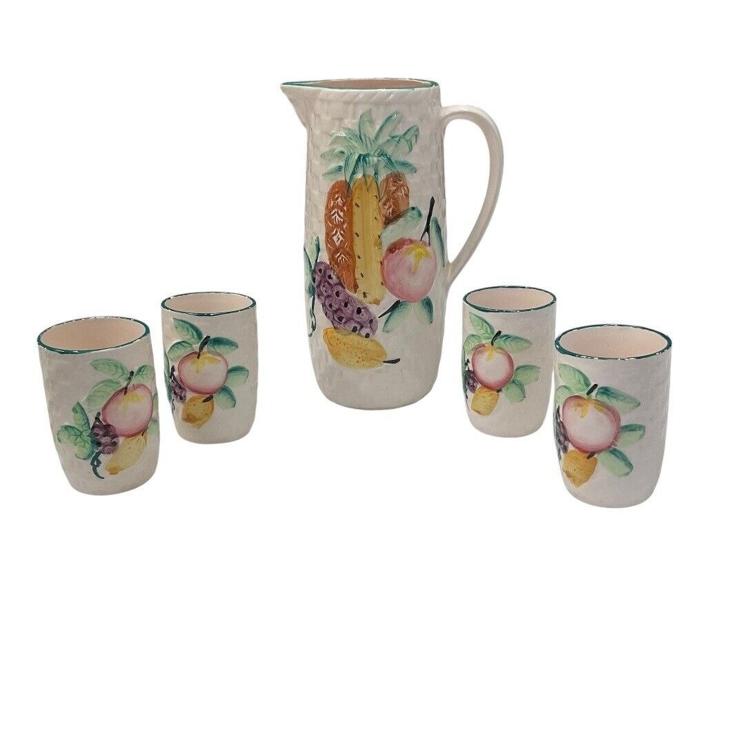 Vintage Majolica Basket Weave Juice Pitcher & Cups Japan Fruit Ceramic Serveware