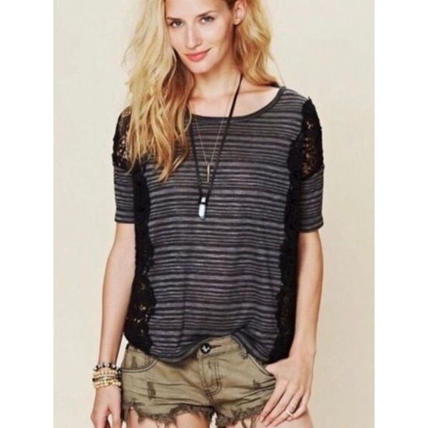 NEW We the Free Womens XS Battenberg Lace Striped Knit Top
