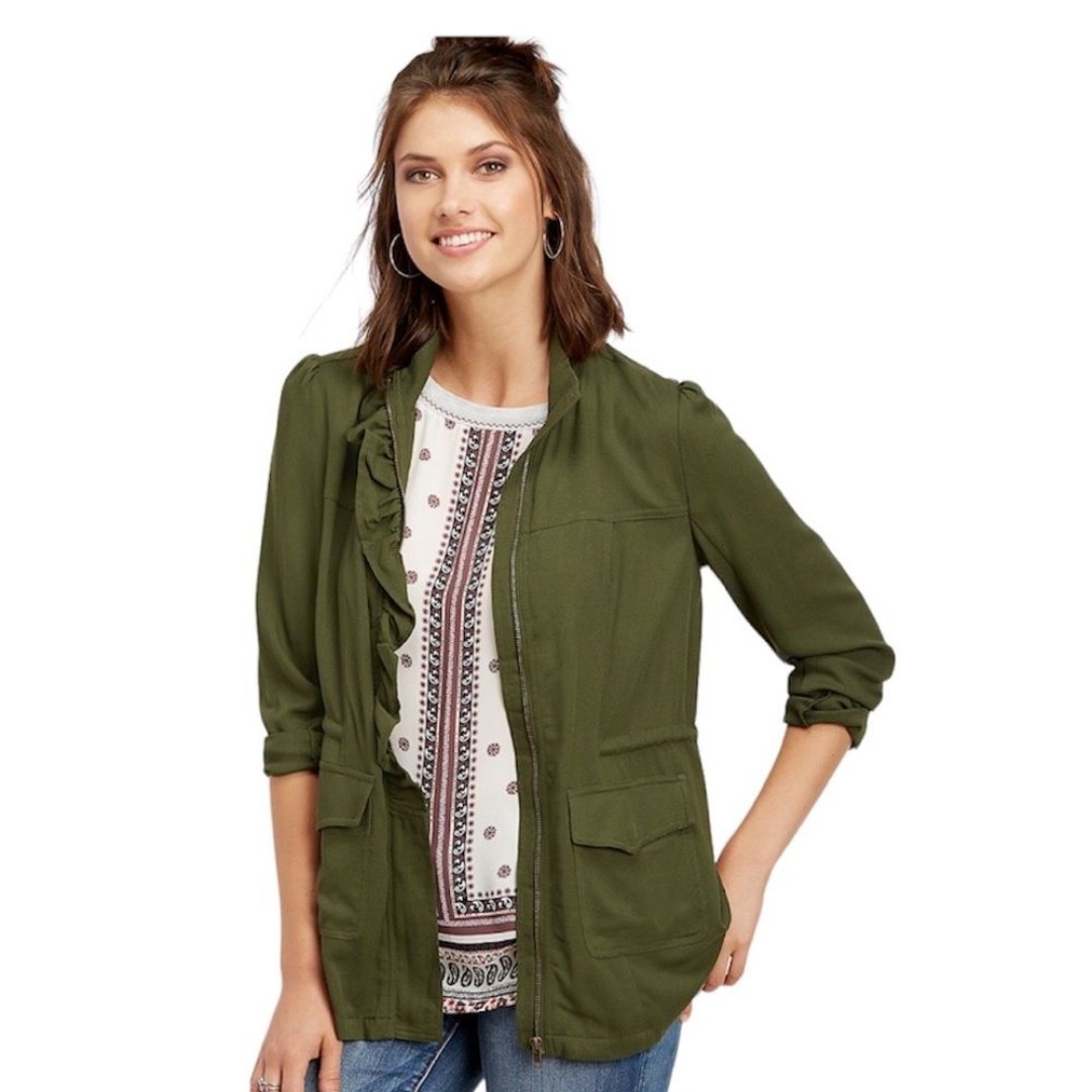 Maurice’s Olive Green Ruffle Front Flap Pocket Anorak Jacket Size Medium