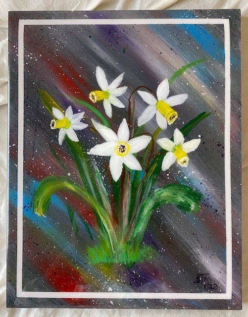 11x14 Birchwood canvas board. 3/4 depth Title: “The Daffodils”