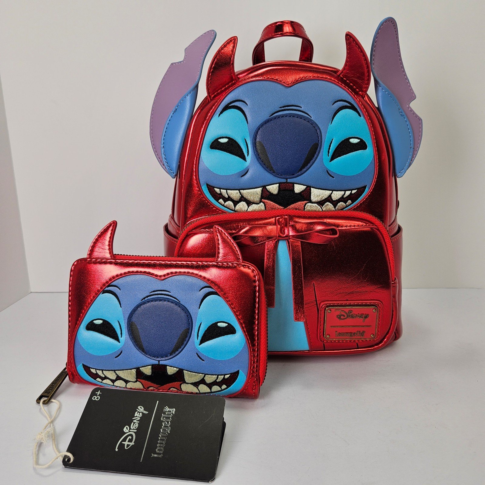 New LOUNGEFLY Disney Stitch Devil Cosplay Mini Backpack and Matching Wallet