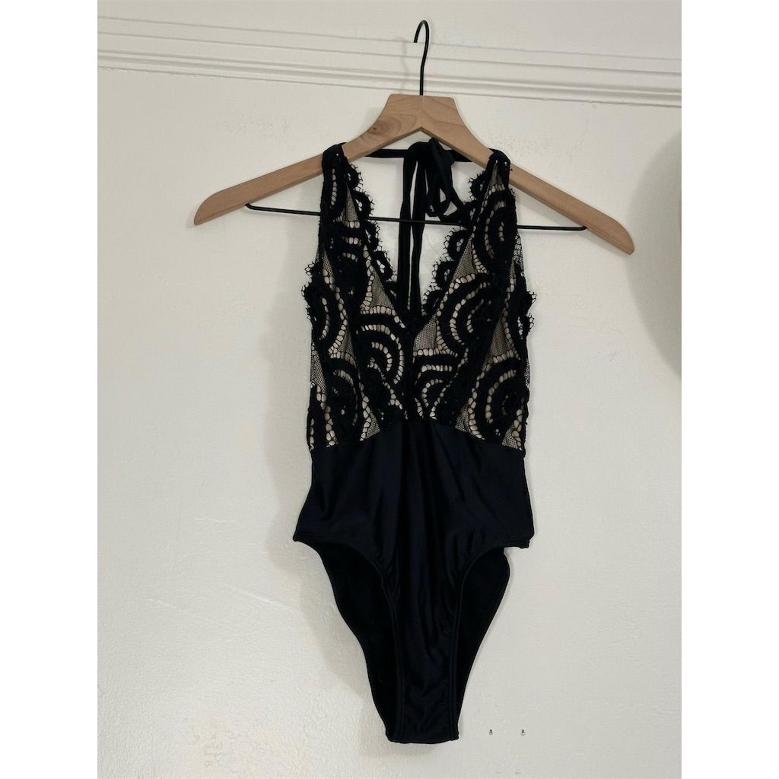 Pilyq Women's Black Lace Halter Bodysuit Size S Deep V-Neck One Piece
