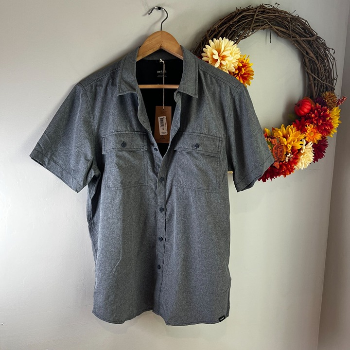 prAna Mens Lost Sol Short Sleeve Buttons Up Shirt MEDIUM in Gray UPF 50+