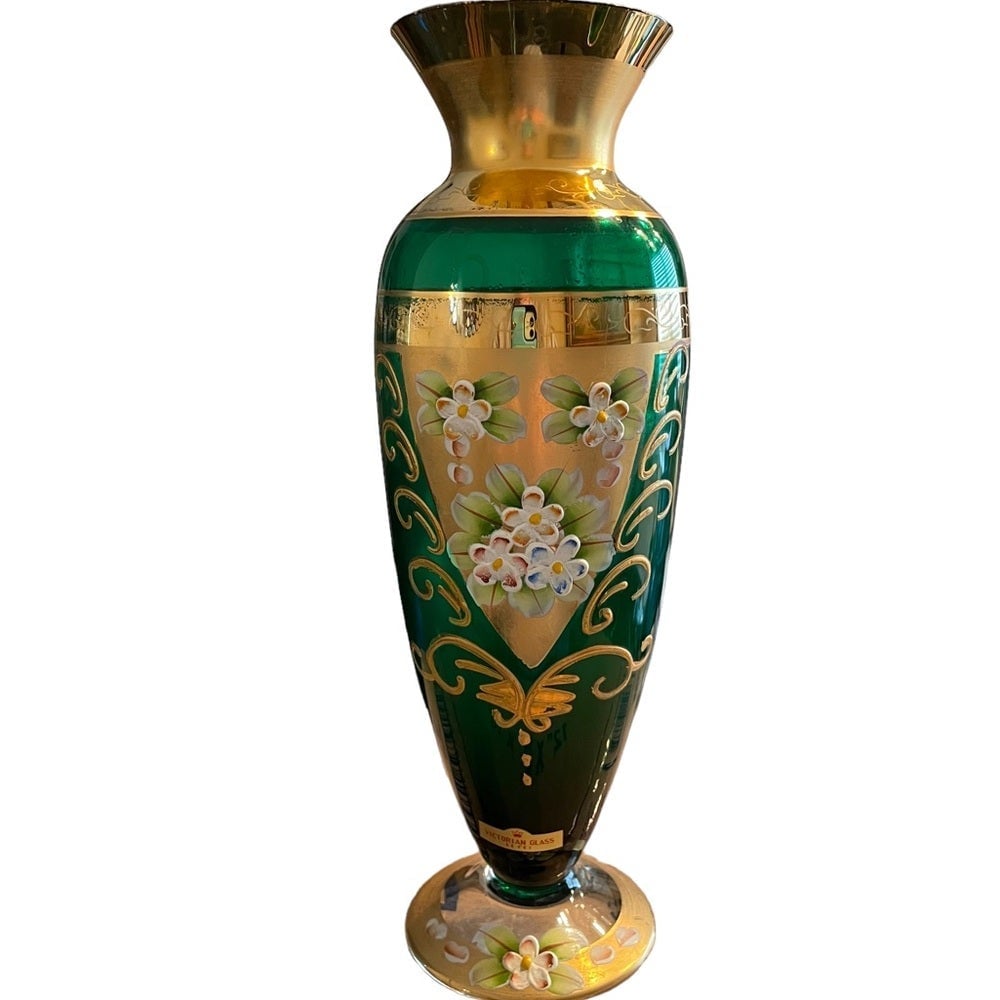 Seyei Victorian Glass Vintage Bohemian Czech Enameled Green & Gold Vase