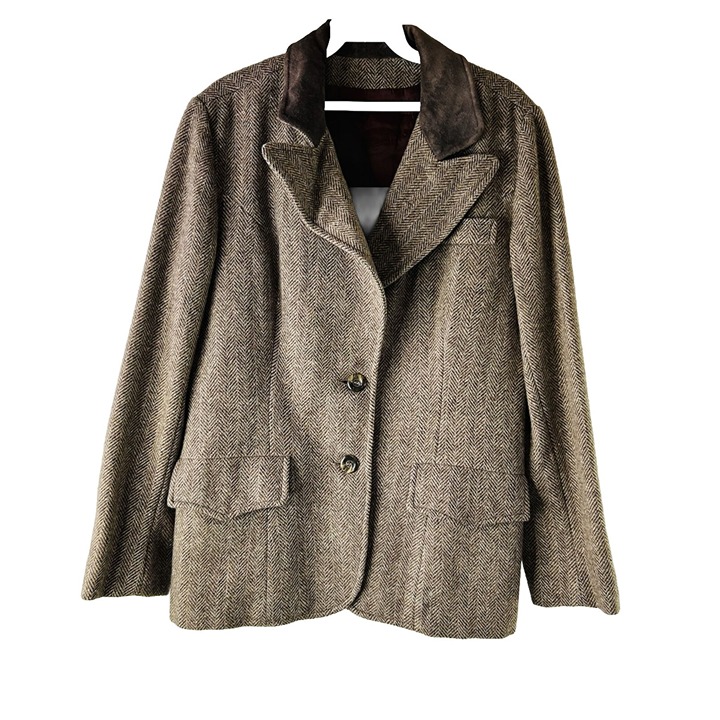 Vintage Womens Medium Wool Herringbone Elbow Patch Equestrian Blazer Jacket