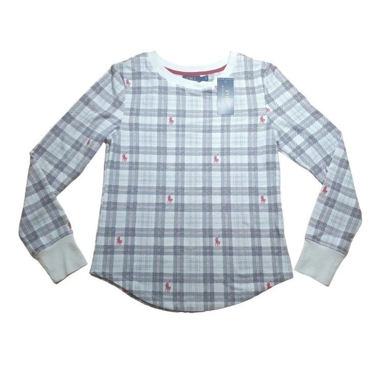 New Polo Ralph Lauren Thermal Shirt Red Pony Logo Grey Plaid Round Hem Sz Small