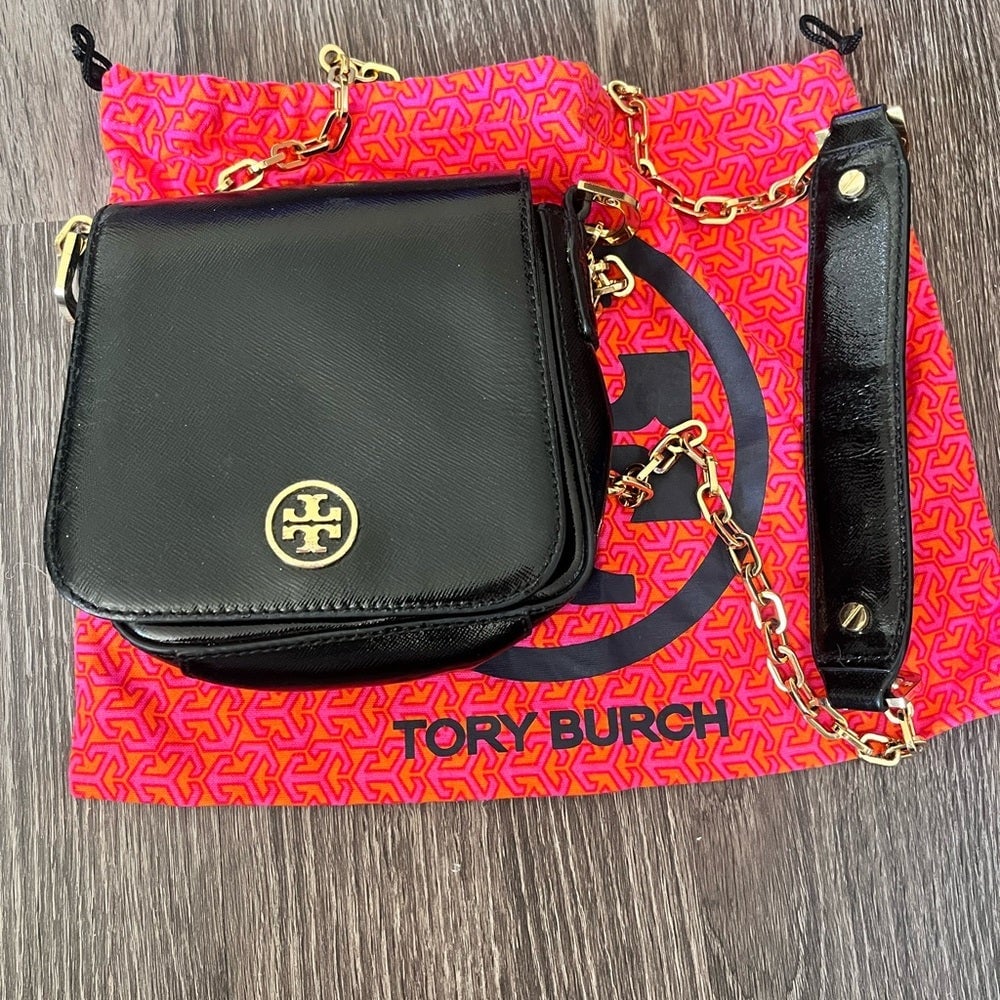 Tory Burch Black Patent Leather flap bag with gold chain