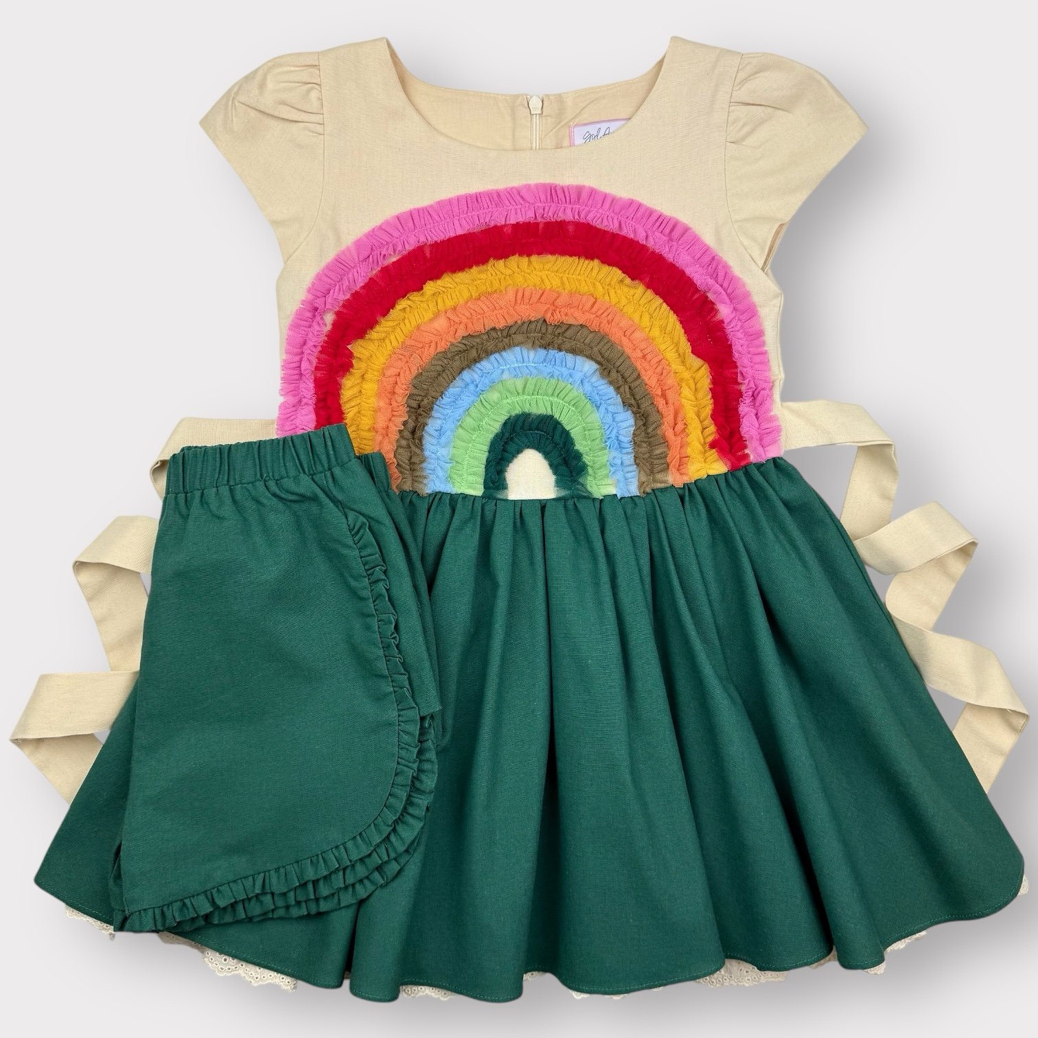 Sz 8 Girl August HTF Emerald (fall?) Rainbow Linen dress and shorts set EUC