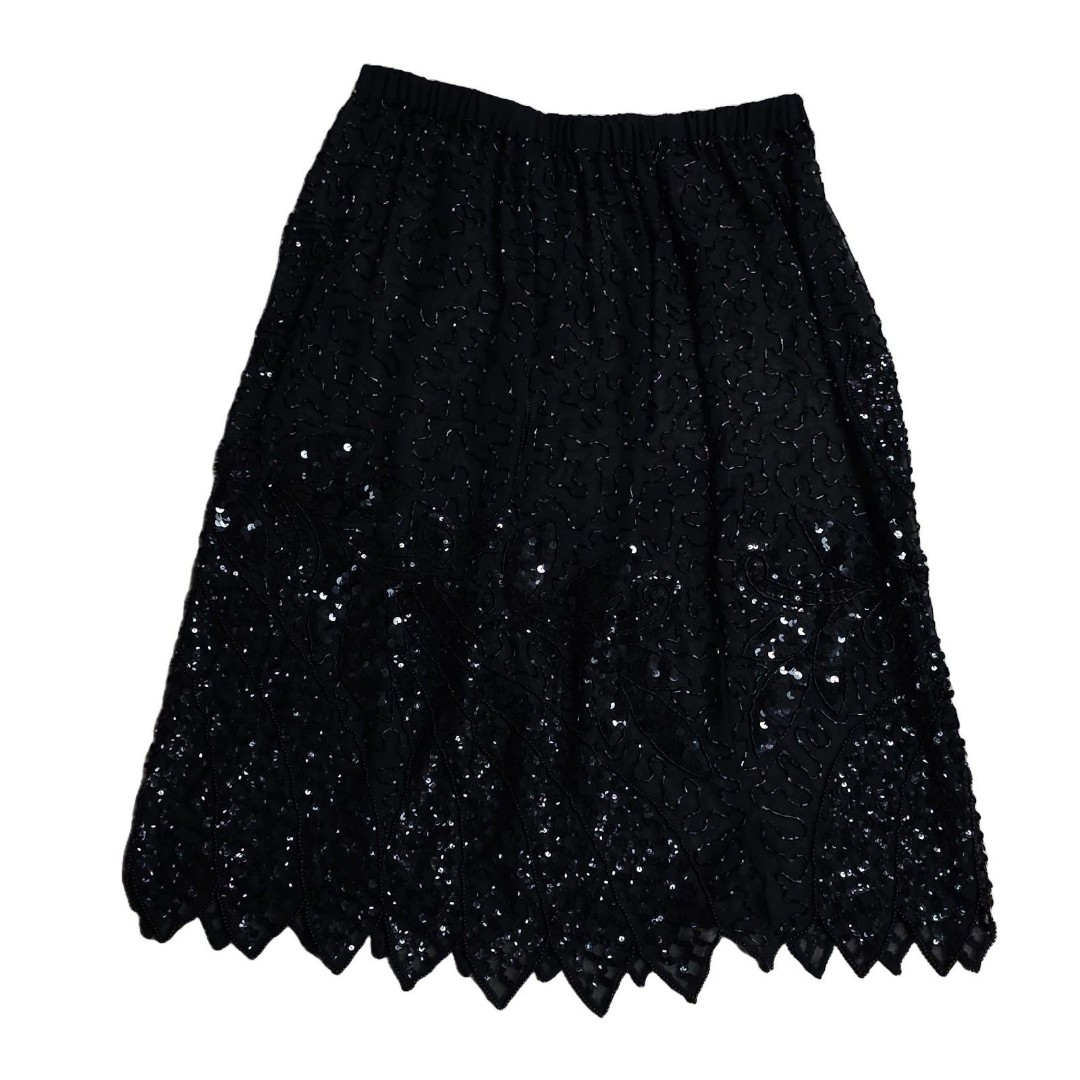Flapper Style Art Deco inspired vintage beaded semi sheer midi skirt L