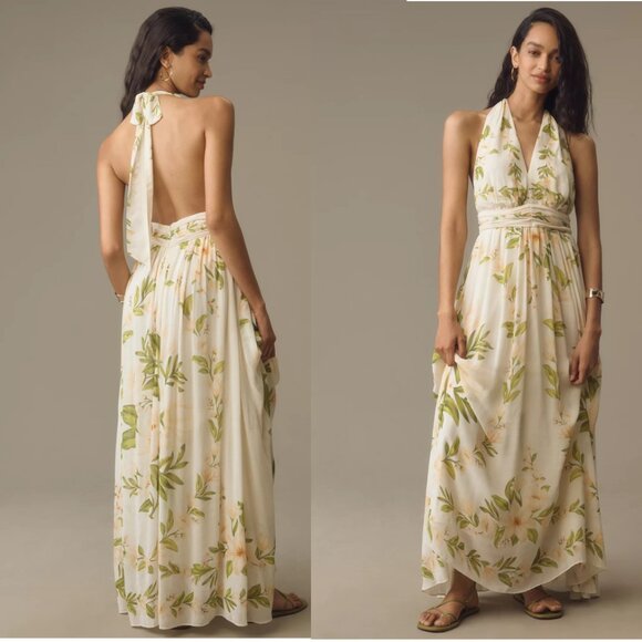 Farm Rio x Anthropologie V-Neck Floral Chiffon Maxi Dress size L new NWT