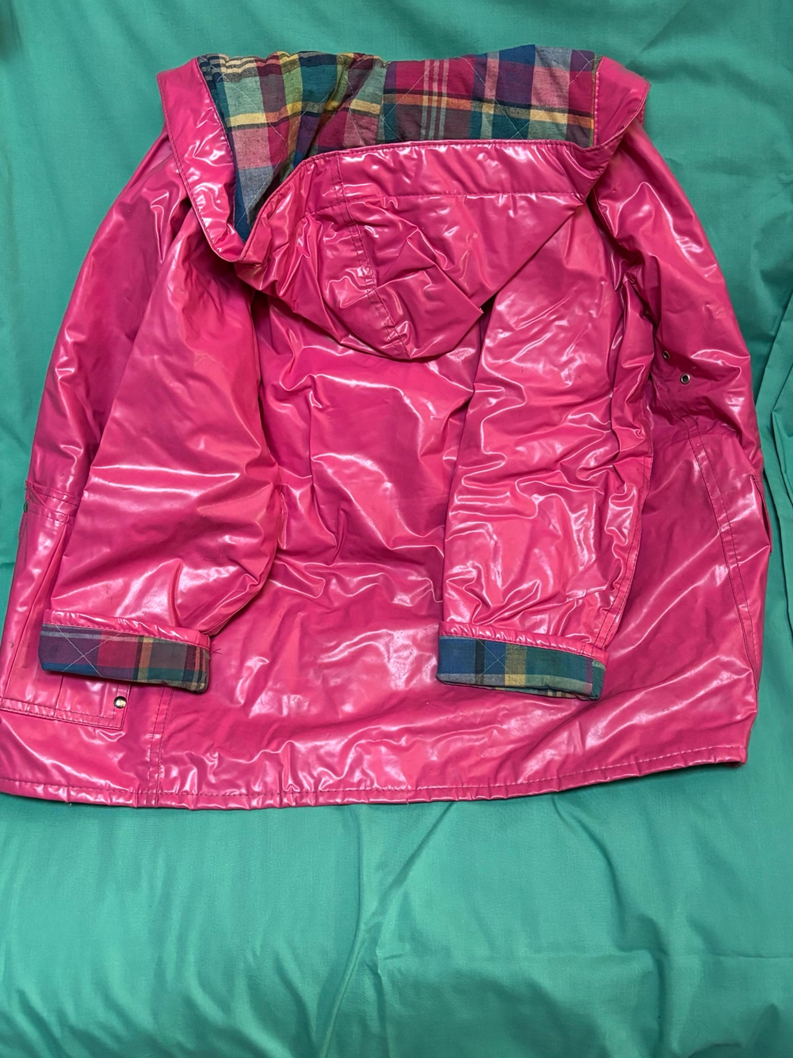 Hot pink plaid lined Misty Harbor size 6x child’s raincoat