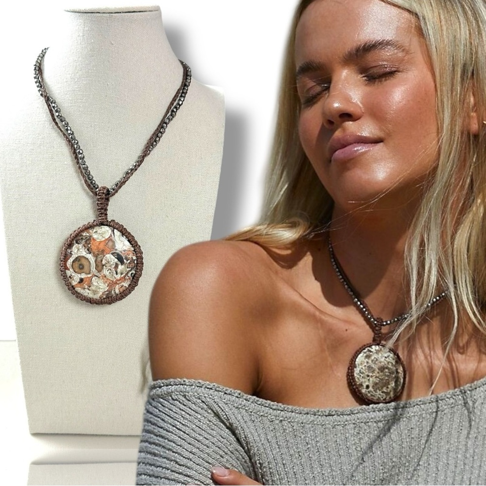 Free People Bohemian Beach Stone Crochet Brandy Pendant Necklace Brown Neutral