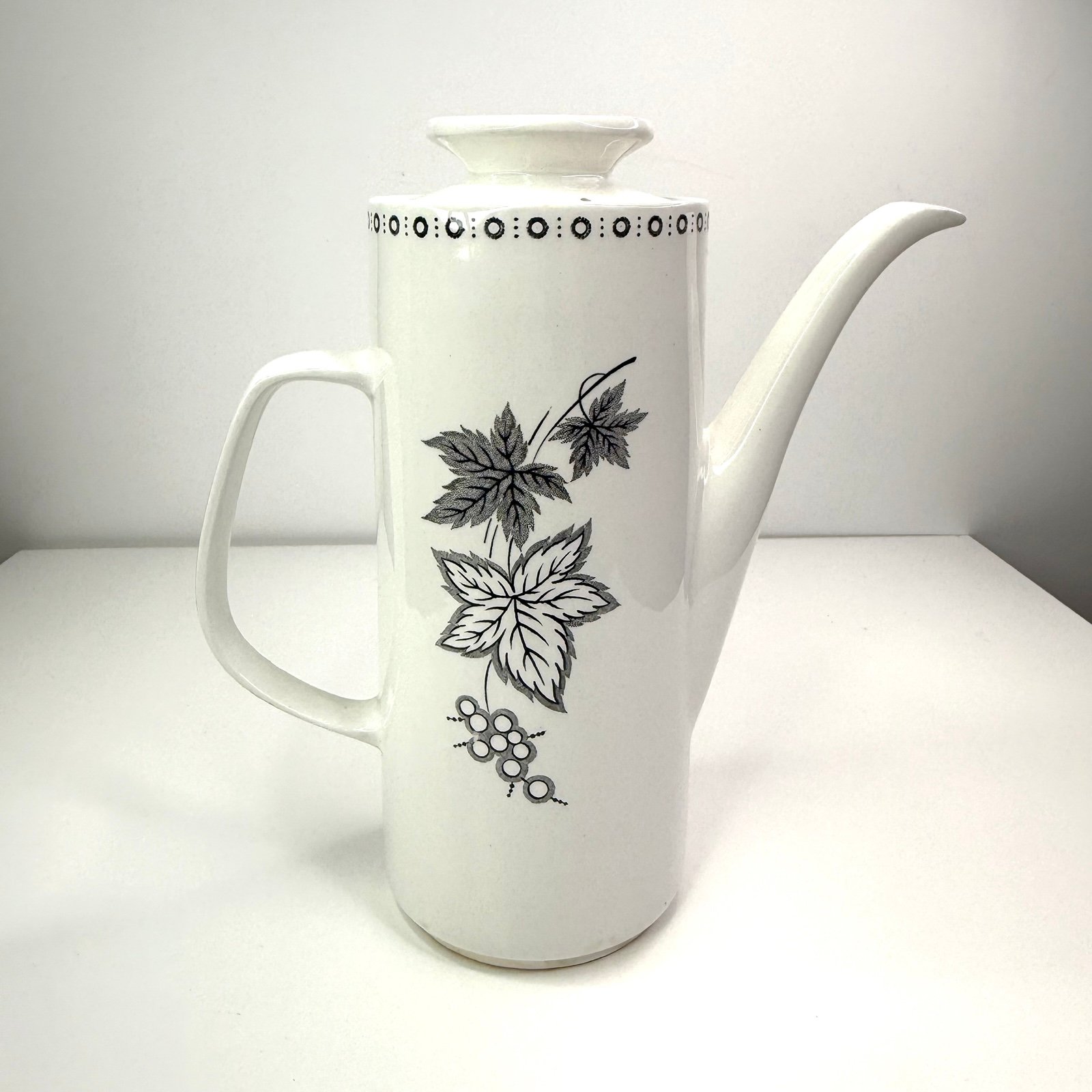 J&G Meakin England Maplewood White Gray Leaf Design Ceramic Vintage Teapot
