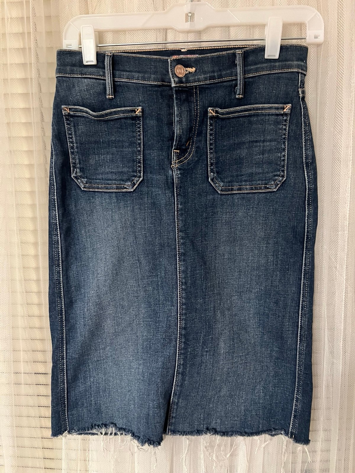 Mother Women's Size 26 Denim Swooner Straight A Line Midi Skirt Dark Blue1
