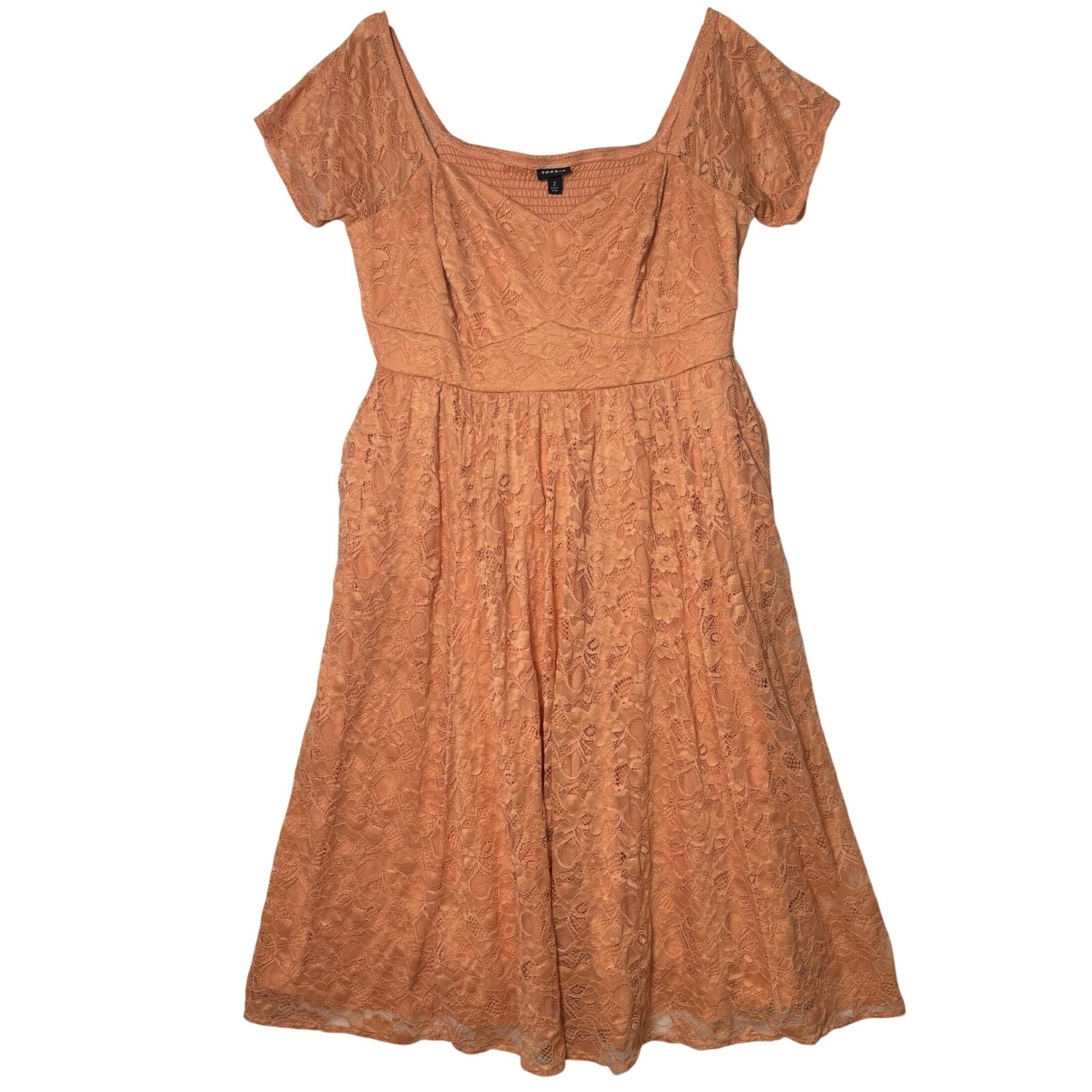 Torrid Peach Lace Midi Dress Womens Size 2X 18 20 Fit Flare Pockets Cottagecore