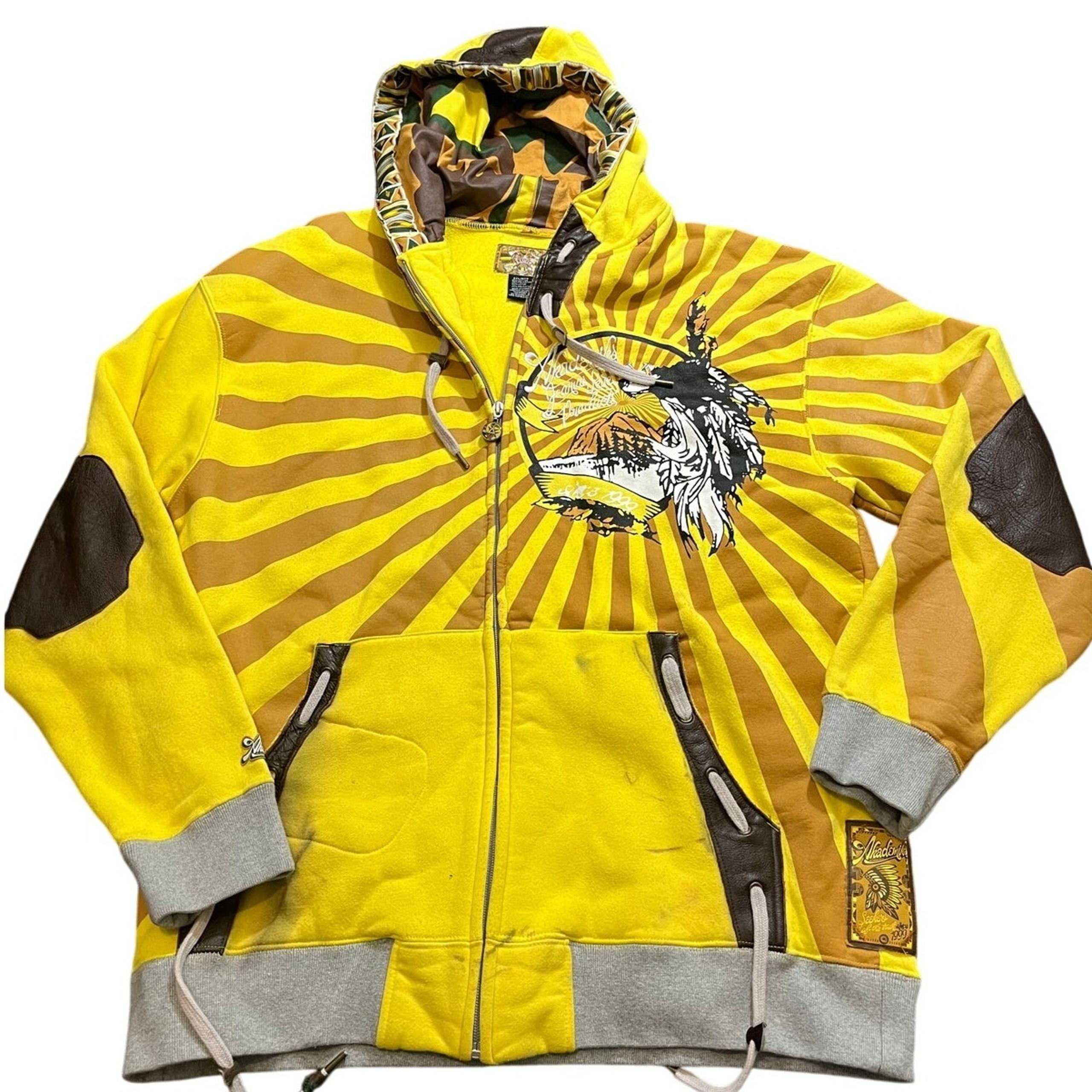 Vintage Y2K Akademiks Native Warrior AOP Hoodie Yellow Striped Mens Size 2XL