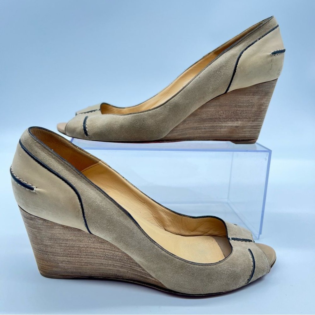 Christian Louboutin Beige w/Brown Peep-Toe High Heeled Wedge Shoes-Size 38 1/2