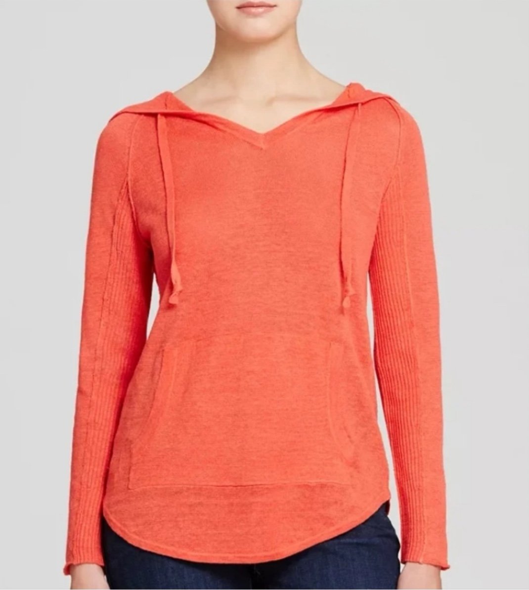 EILEEN FISHER Petite Organic Linen Hoodie Sweater Lightweight V-Neck Red Women's