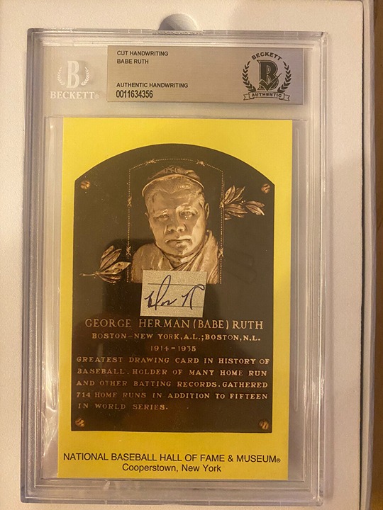 Babe Ruth BR Partially Name Signed Cut Auto Handwriting HOF Plaque Beckett BGS
