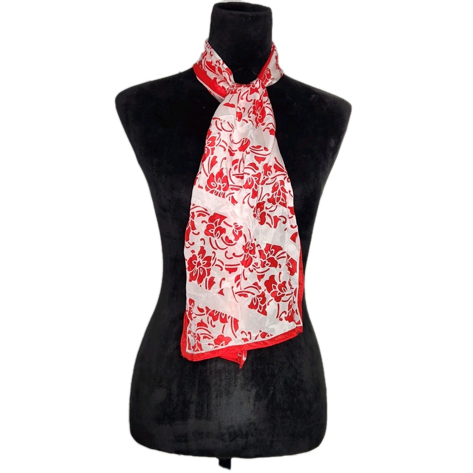 Vintage Honey 100% silk Floral Rectangle Scarf Red & White 10×52 in