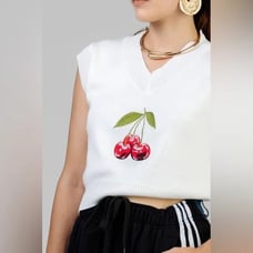 NEW Cherry Embroidered Knit Vest in White, Size M
