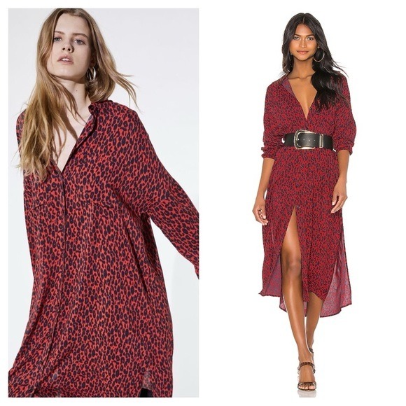 IRO / Pirae midi shirt dress button down Dress red leopard 40 large L