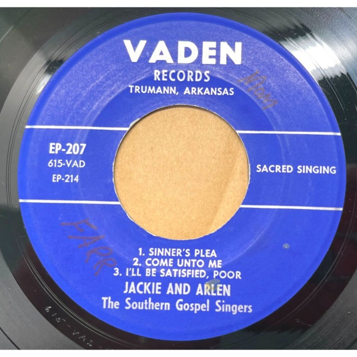 Jackie and Arlen Sinner's Plea Hillbilly Gospel 45 Record Vaden 207 EP
