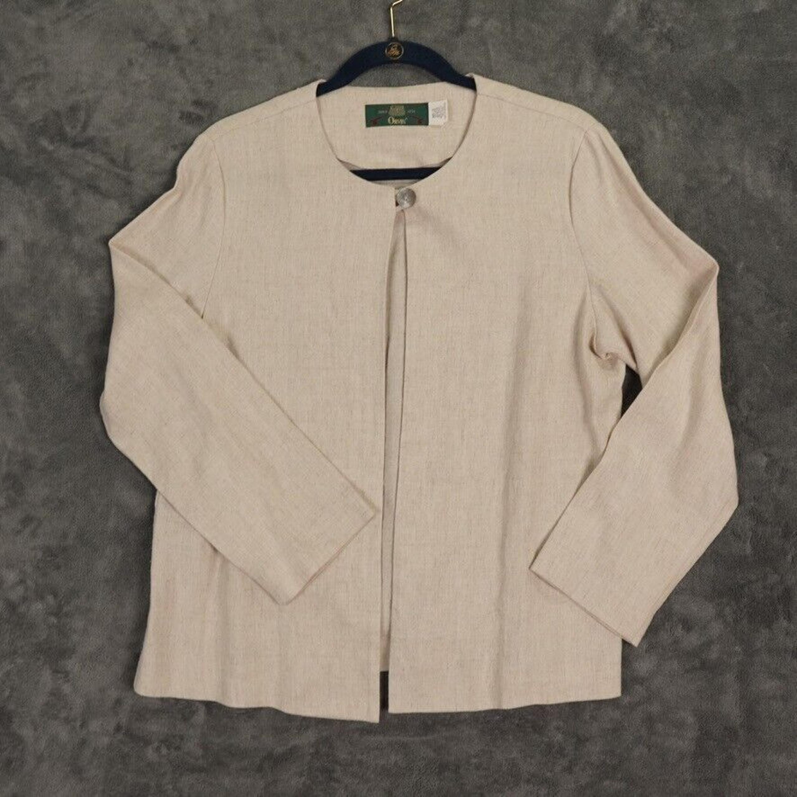 Vintage Orvis Blazer Womens 10 Biege Khaki Linen Blend Open Front Office  USA