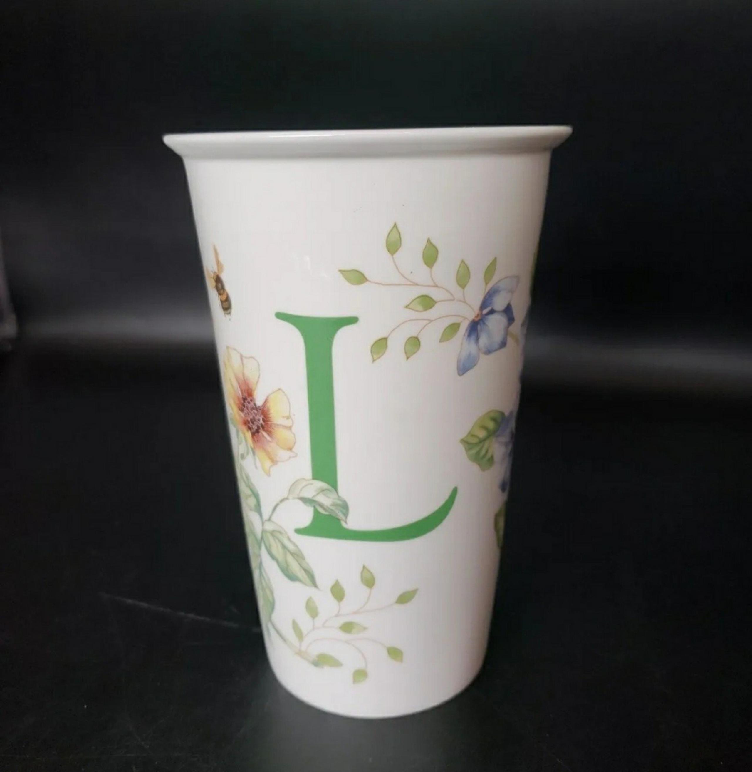 Lenox Butterfly Meadow commuter travel mug no lid "L" initial 12  fl oz