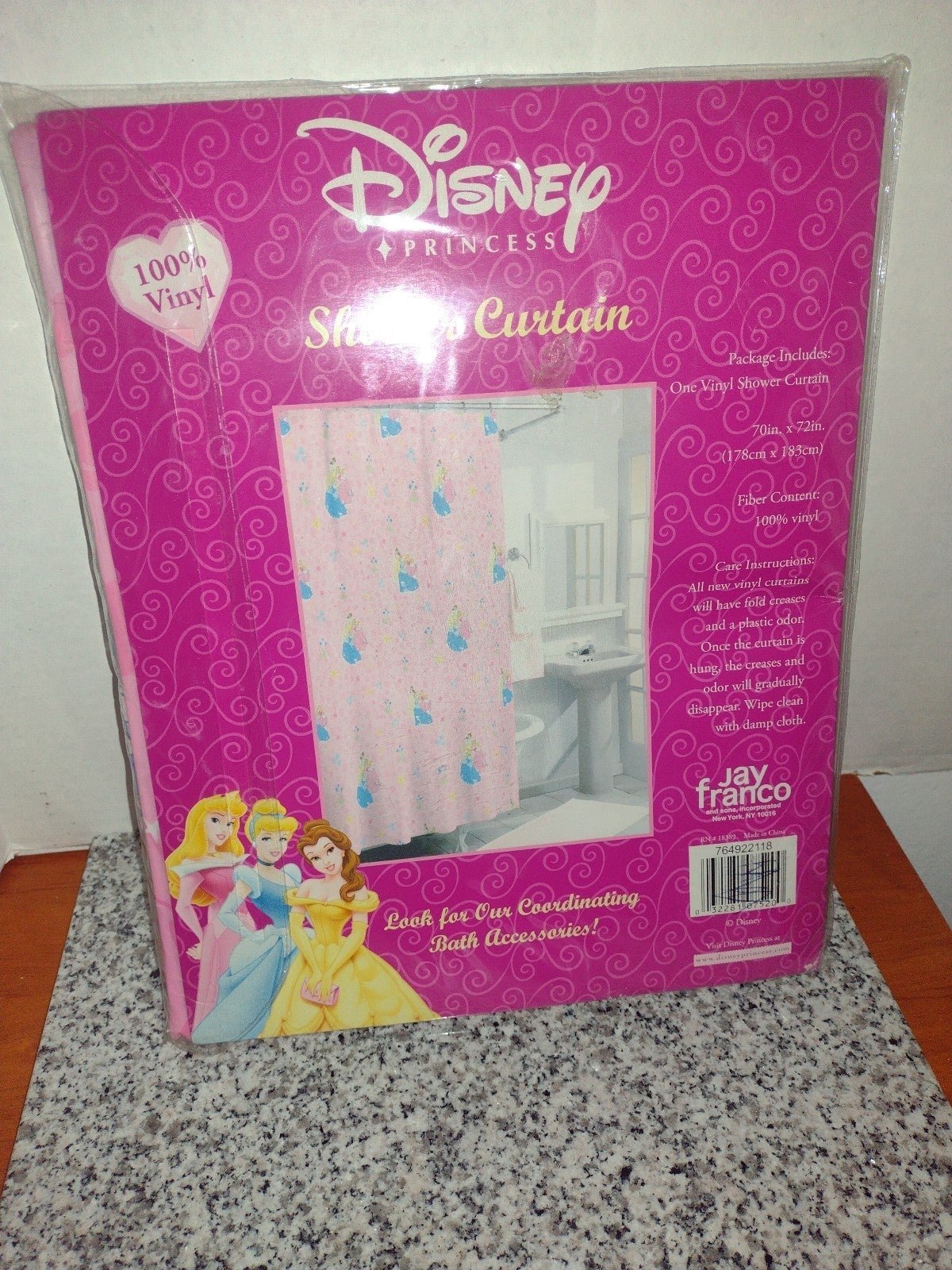 Shower Curtain DISNEY PRINCESS 70 x 72 Cinderella Belle Aurora, Vinyl & Rings