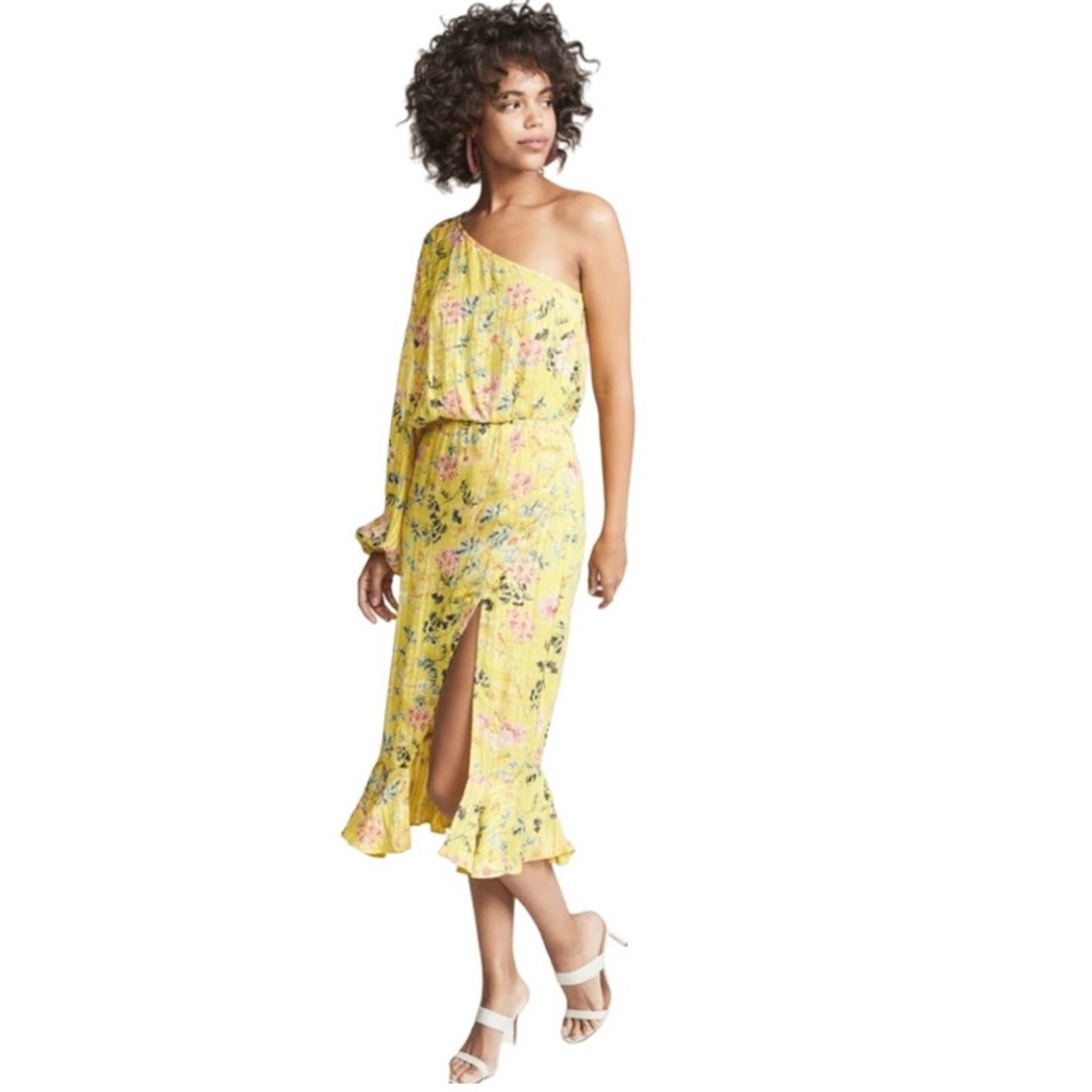 Hemant & Nandita Eden One Shoulder Yellow Floral Midi Dress Sz S