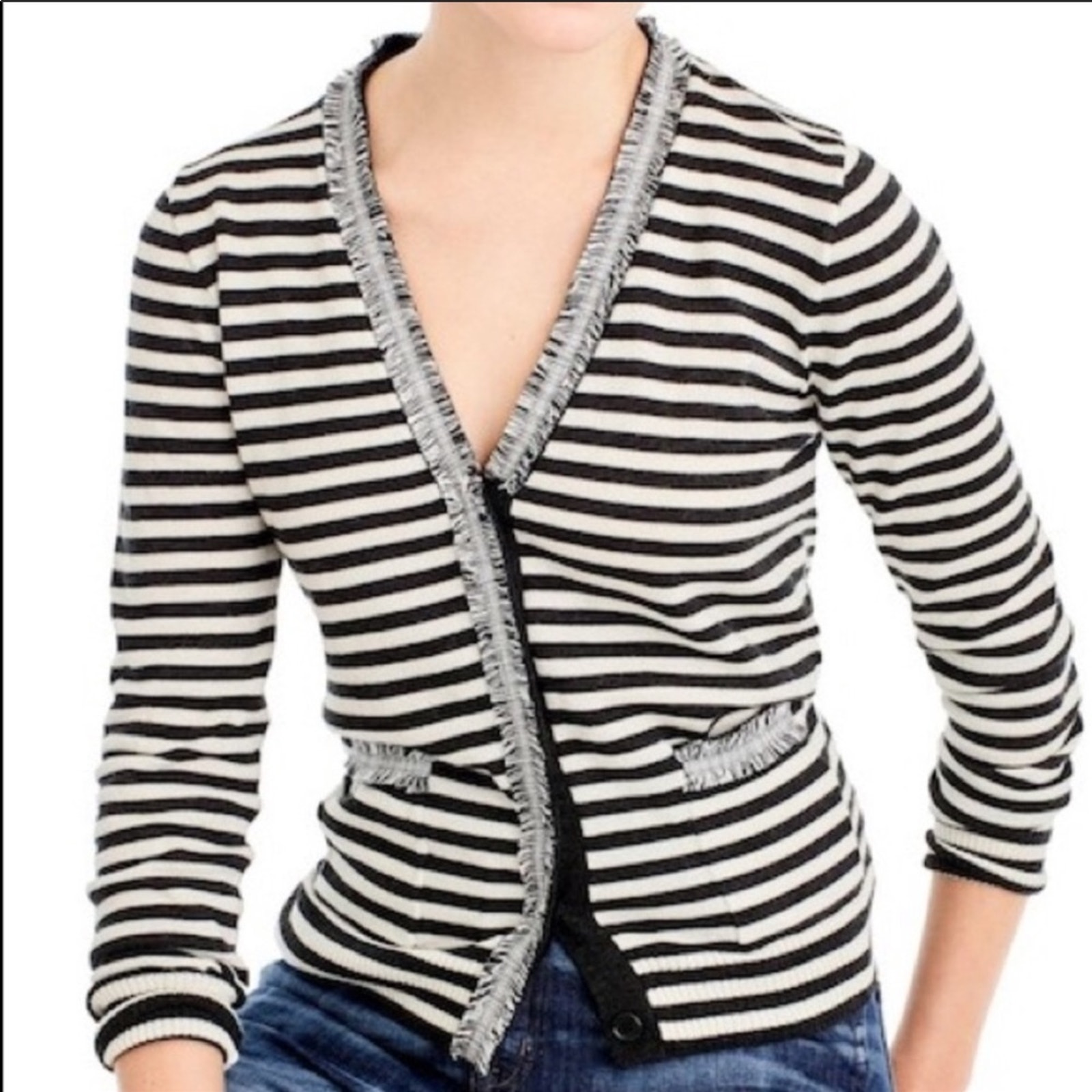 J. CREW Black White Striped Harlow Cardigan Cardi Sweater Button Tweed Trim S